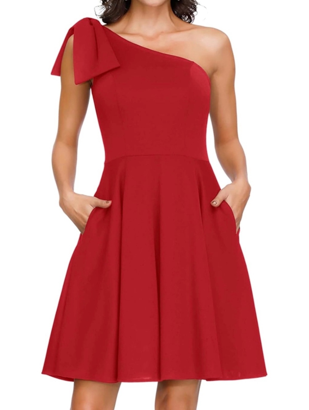 NWT Women’s Plus Jasambac One Shoulder Red Cocktail Dress Bow 2X Pockets A-line